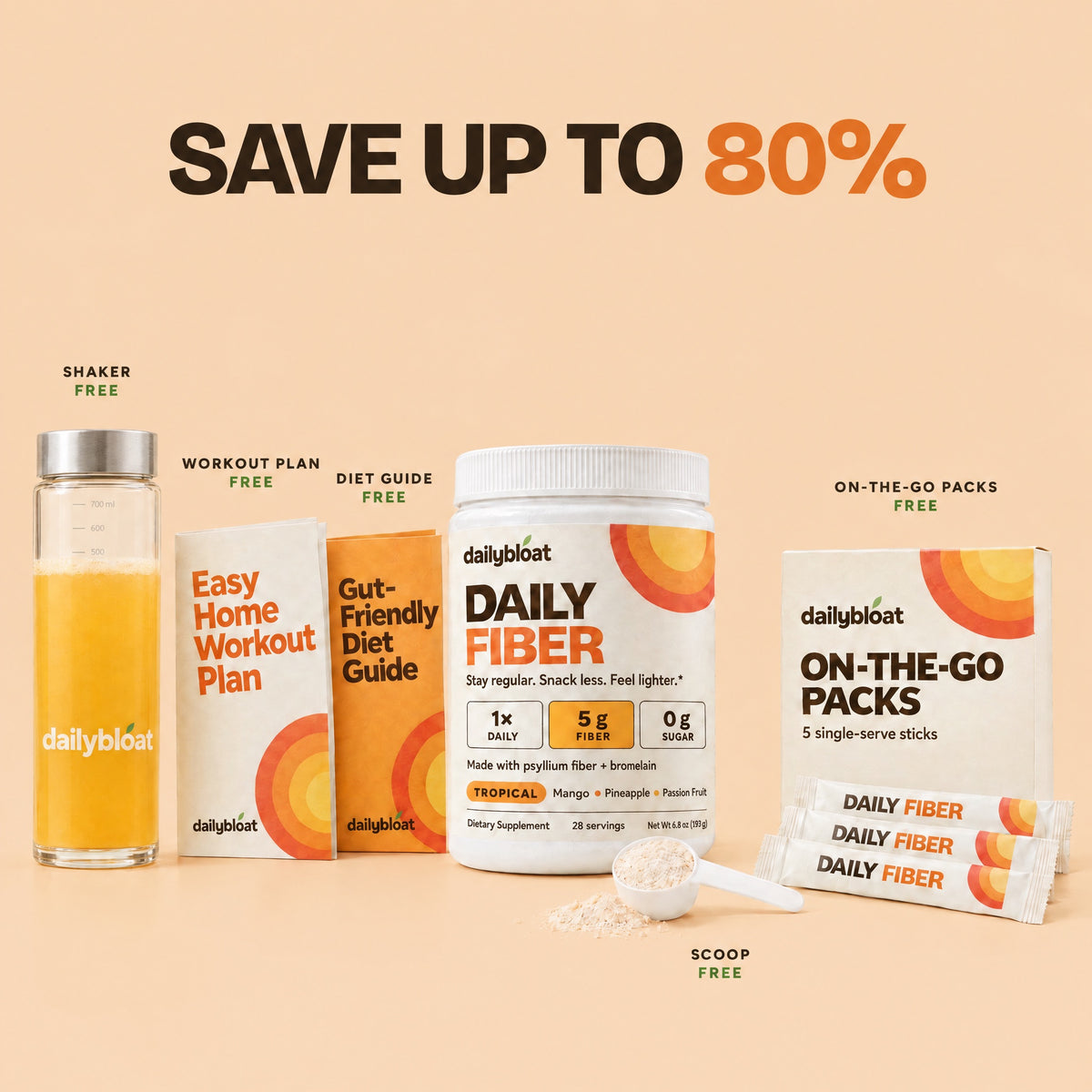 Daily Fiber with free gifts: shaker, workout plan, diet guide, on-the-go packs and scoop. Save up to 80%