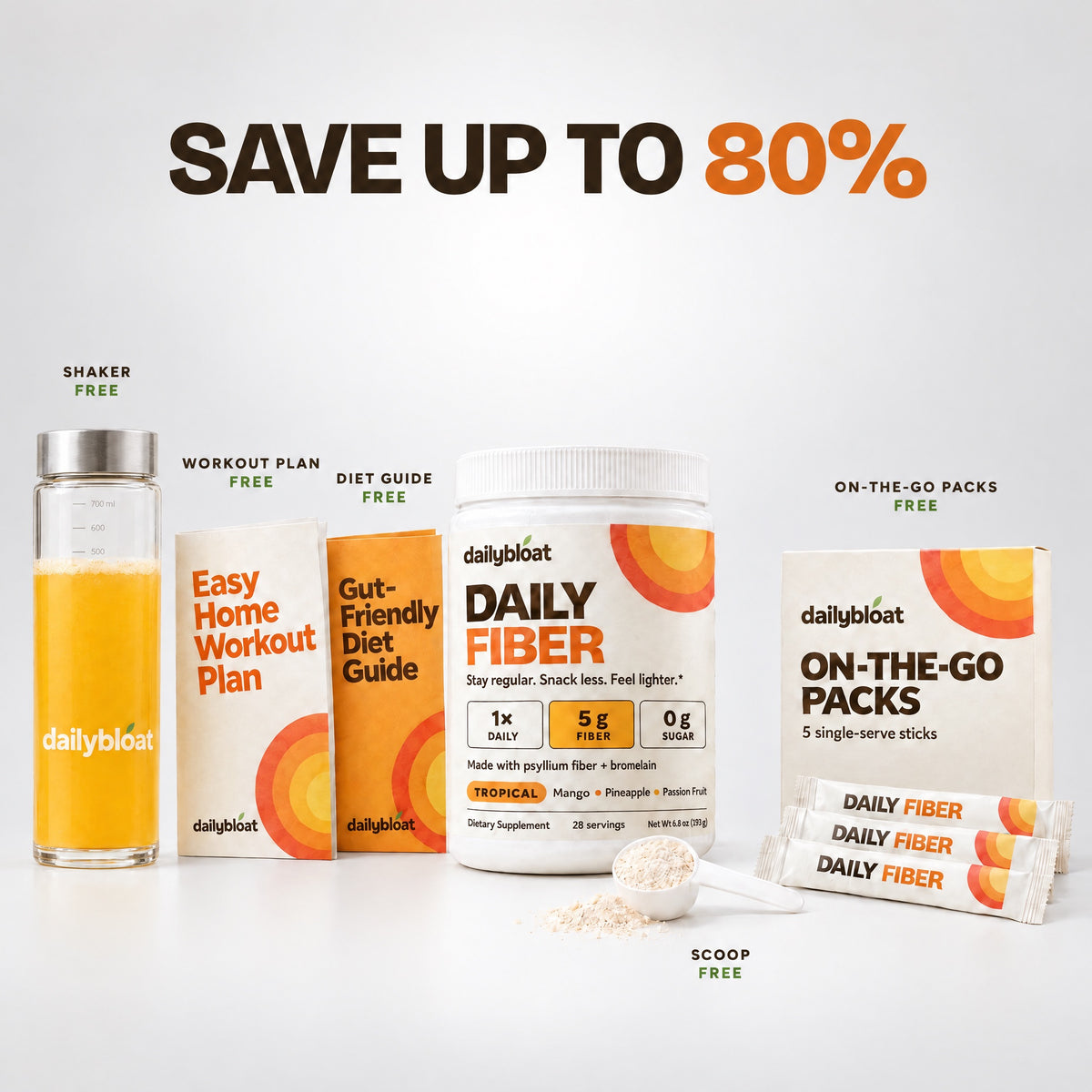 Daily Fiber with free gifts: shaker, workout plan, diet guide, on-the-go packs and scoop. Save up to 80%