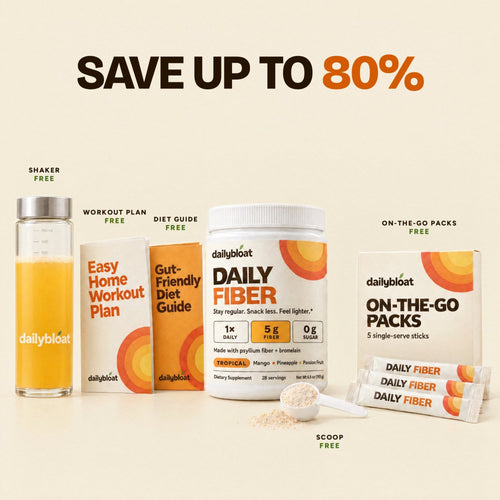Daily Fiber with free gifts: shaker, workout plan, diet guide, on-the-go packs and scoop. Save up to 80%