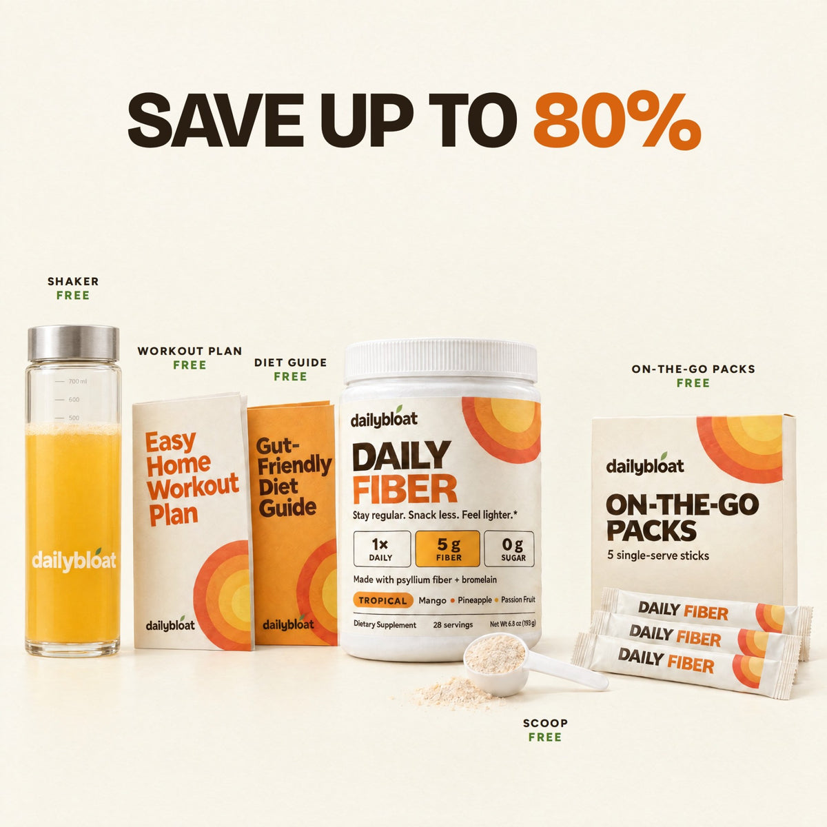 Daily Fiber with 5 free gifts: shaker, workout plan, diet guide, on-the-go packs and scoop